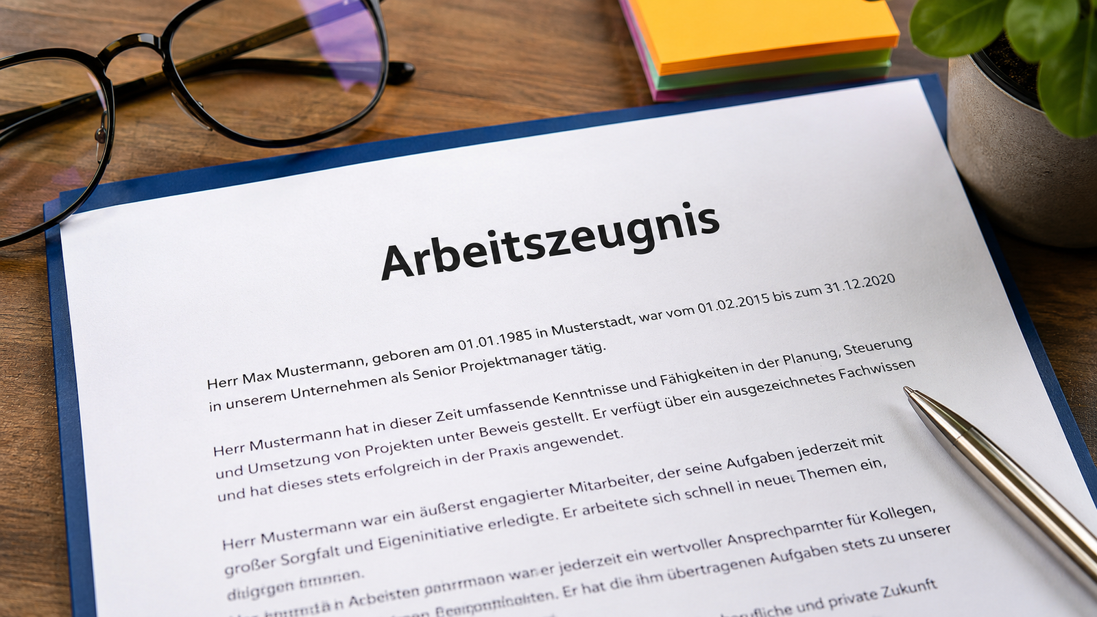 Dokument mit dem Titel «Arbeitszeugnis» neben Brille und Kugelschreiber – Codes im Zeugnis
